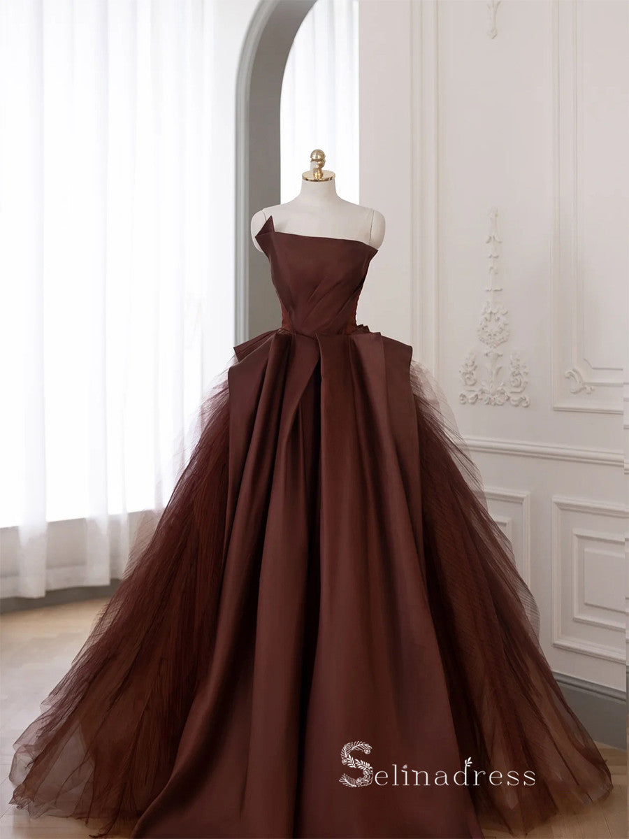 A-line Strapless Long Prom Dress Modest Satin Chocolate Evening Dresse – SELINADRESS