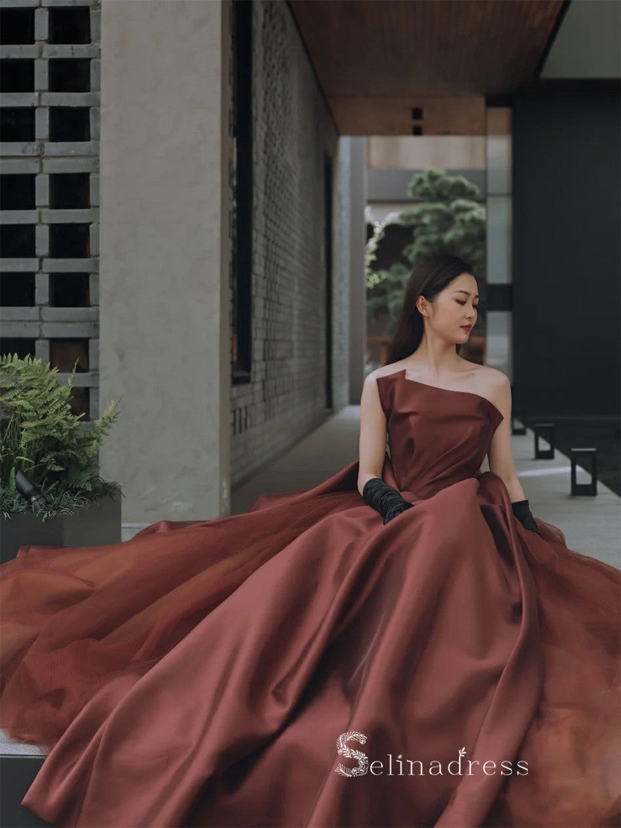 A-line Strapless Long Prom Dress Modest Satin Chocolate Evening Dresse SELINADRESS A-line Strapless Long Prom Dress Modest Satin Chocolate Evening Dresse SELINADRESS