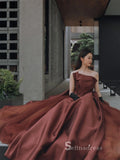 A-line Strapless Long Prom Dress Modest Satin Chocolate Evening Dresses GKF028|Selinadress