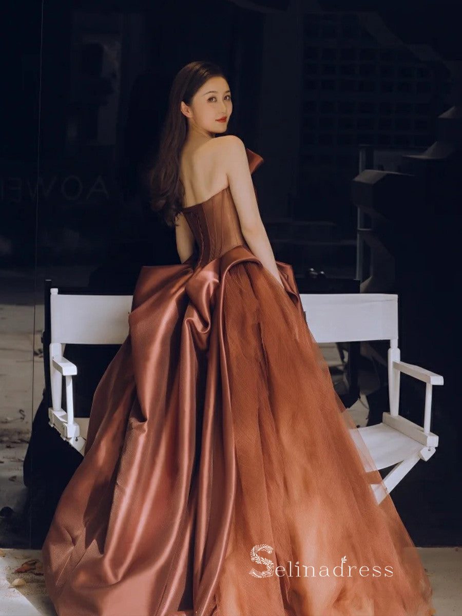 A-line Strapless Long Prom Dress Modest Satin Chocolate Evening Dresse SELINADRESS A-line Strapless Long Prom Dress Modest Satin Chocolate Evening Dresse SELINADRESS