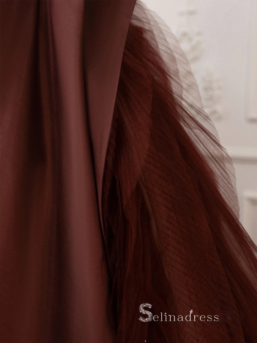 A-line Strapless Long Prom Dress Modest Satin Chocolate Evening Dresse SELINADRESS A-line Strapless Long Prom Dress Modest Satin Chocolate Evening Dresse SELINADRESS
