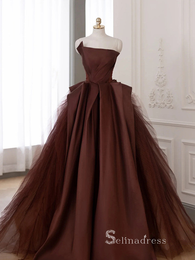 A-line Strapless Long Prom Dress Modest Satin Chocolate Evening Dresse SELINADRESS A-line Strapless Long Prom Dress Modest Satin Chocolate Evening Dresse SELINADRESS