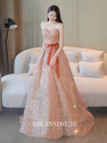 A-line Strapless Long Prom Dress Pink Sequins Princess Dress Sparkly Long Evening Dress OSTY017|Selinadress