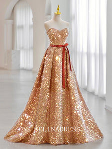 A-line Strapless Long Prom Dress Pink Sequins Princess Dress Sparkly Long Evening Dress OSTY017|Selinadress