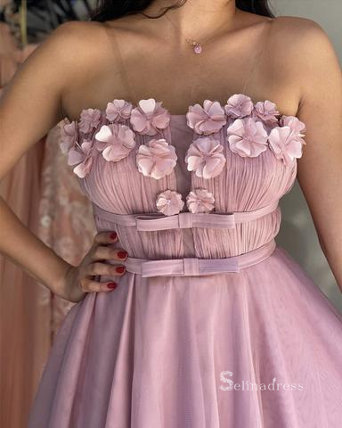 A-line Strapless Pink Flower Short Homecoming Dress Prom Dress