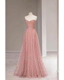 A-line Strapless Pink Long Prom Dress Cheap Beaded Formal Dresses Evening Dress KPY058|Selinadress