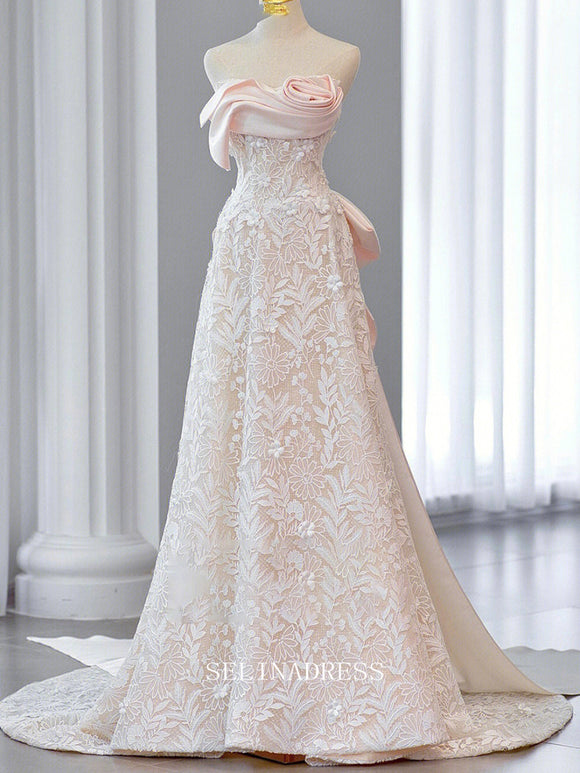A-line Strapless Pink Long Prom Dress Lace Princess Dress Long Evening Dress OSTY015|Selinadress