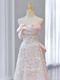 A-line Strapless Pink Long Prom Dress Lace Princess Dress Long Evening Dress OSTY015|Selinadress