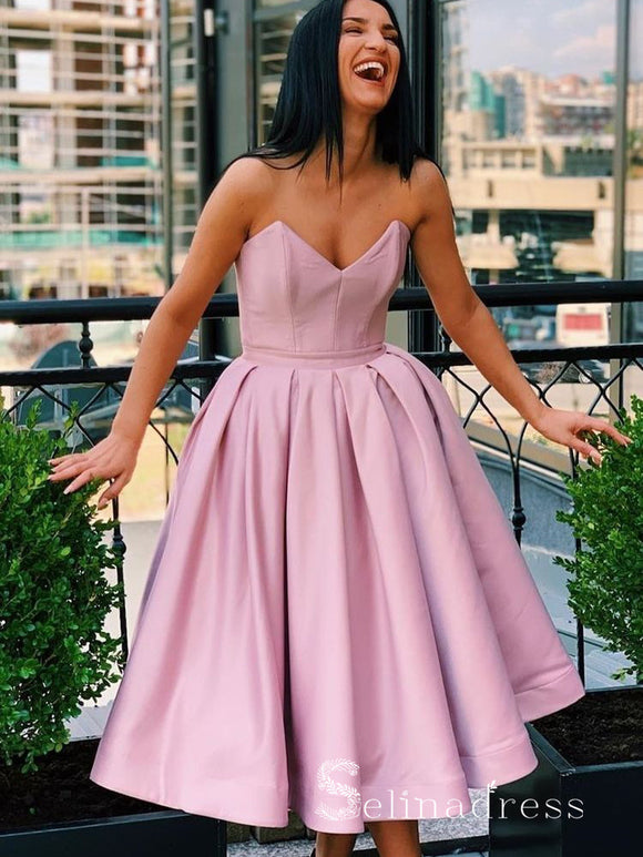 A-line Strapless Pink Tea Length Prom Dress Satin Formal Gowns #CBD265|Selinadress