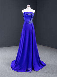 A-line Strapless Royal Blue Luxury Prom Dress Beaded Evening Gowns DWH67087|Selinadress