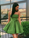 A-line Strapless Sage Short Prom Dress Satin Formal Gowns #CBD271|Selinadress