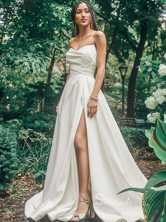 A-line Strapless Satin Thigh Split Wedding Dresses Ruffles Unique Wedding Gown RYU034|Selinadress