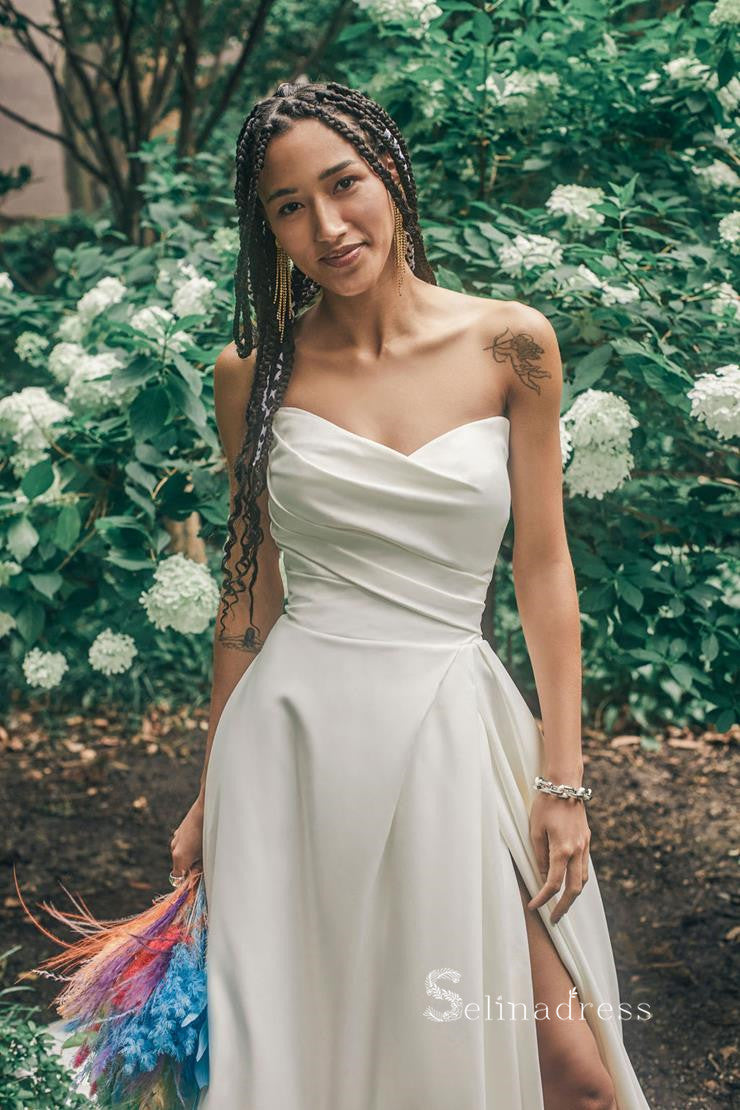 A-line Strapless Satin Thigh Split Wedding Dresses Ruffles Unique Wedd SELINADRESS A-line Strapless Satin Thigh Split Wedding Dresses Ruffles Unique Wedd SELINADRESS