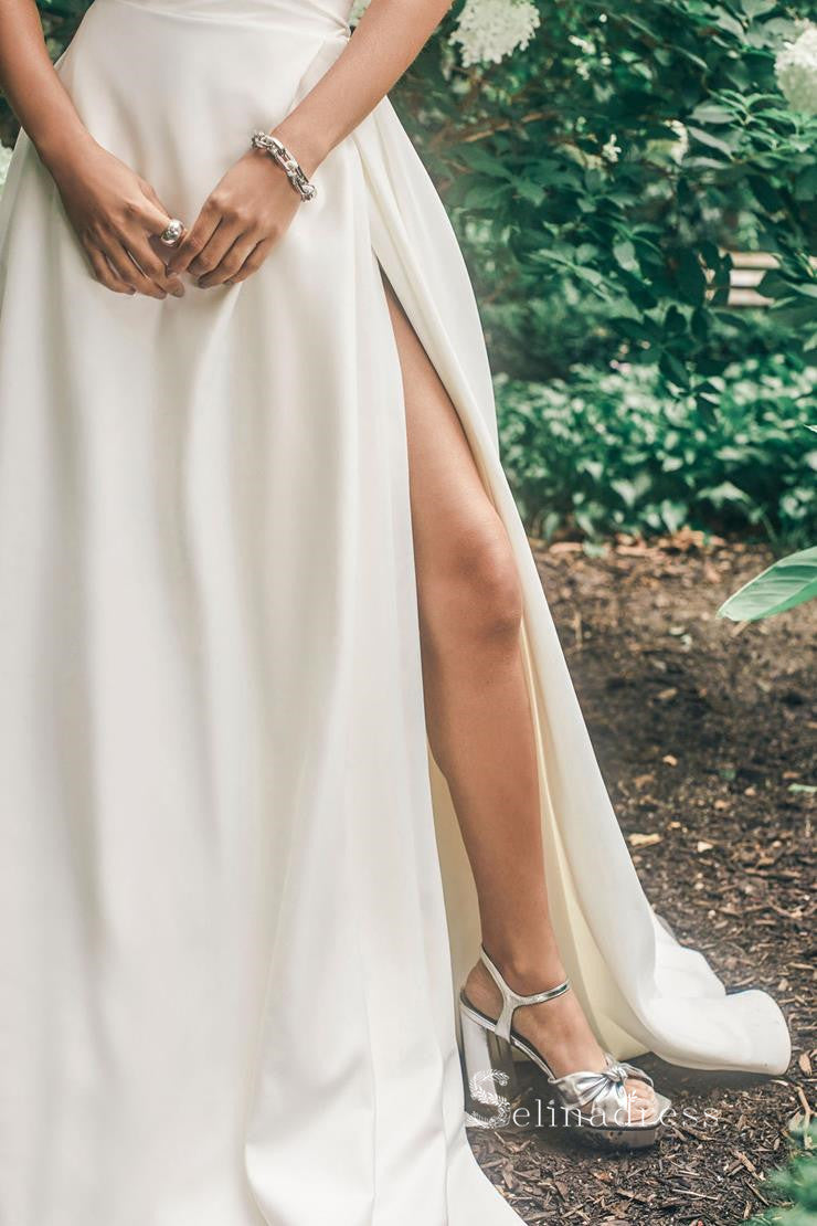 A-line Strapless Satin Thigh Split Wedding Dresses Ruffles Unique