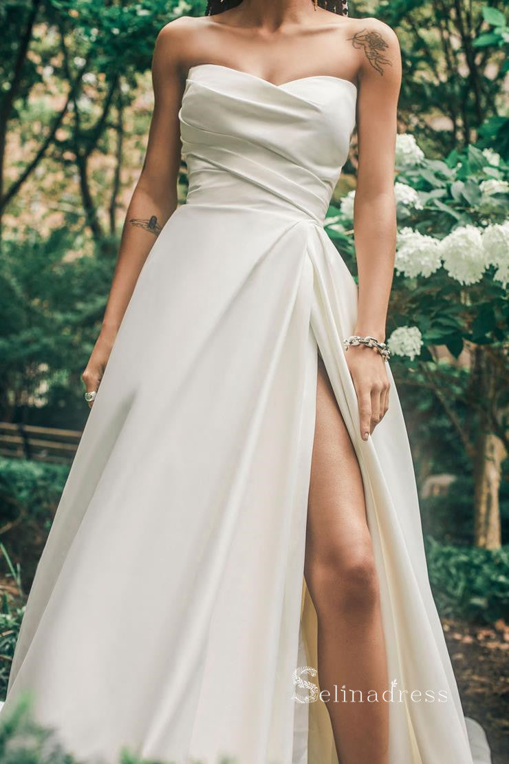 A-line Strapless Satin Thigh Split Wedding Dresses Ruffles Unique Wedd –  SELINADRESS