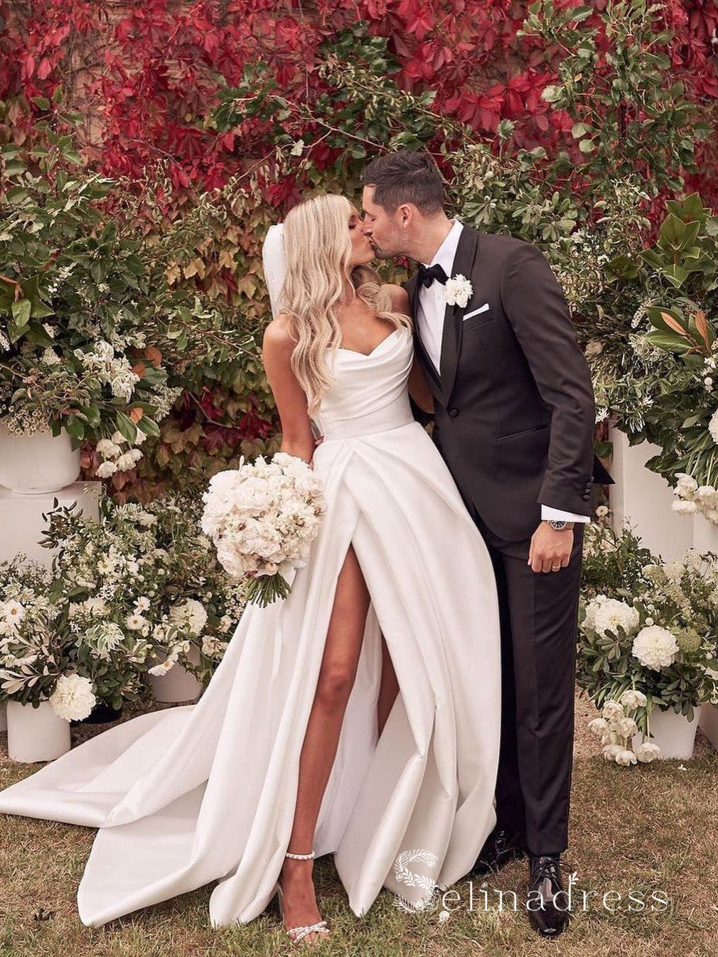 A-line Strapless Satin White Thigh Split Wedding Dresses CBD083 A-line Strapless Satin White Thigh Split Wedding Dresses CBD083