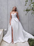 A-line Strapless Satin White Ruffles Wedding Dress Beaded Unique Wedding Gown RYU033|Selinadress