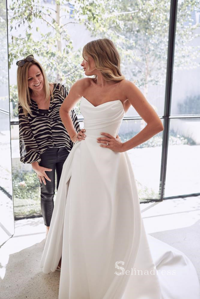 A-line Strapless Satin White Ruffles Wedding Dress Beaded Unique Weddi SELINADRESS A-line Strapless Satin White Ruffles Wedding Dress Beaded Unique Weddi SELINADRESS
