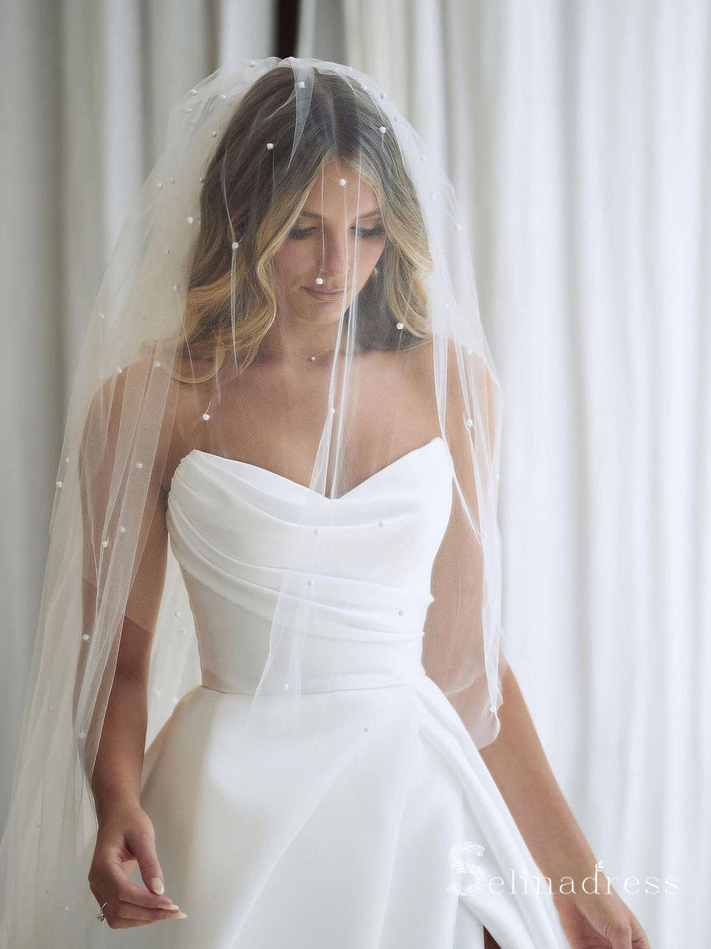 A-line Strapless Satin White Thigh Split Wedding Dresses CBD083 SELINADRESS A-line Strapless Satin White Thigh Split Wedding Dresses CBD083 SELINADRESS