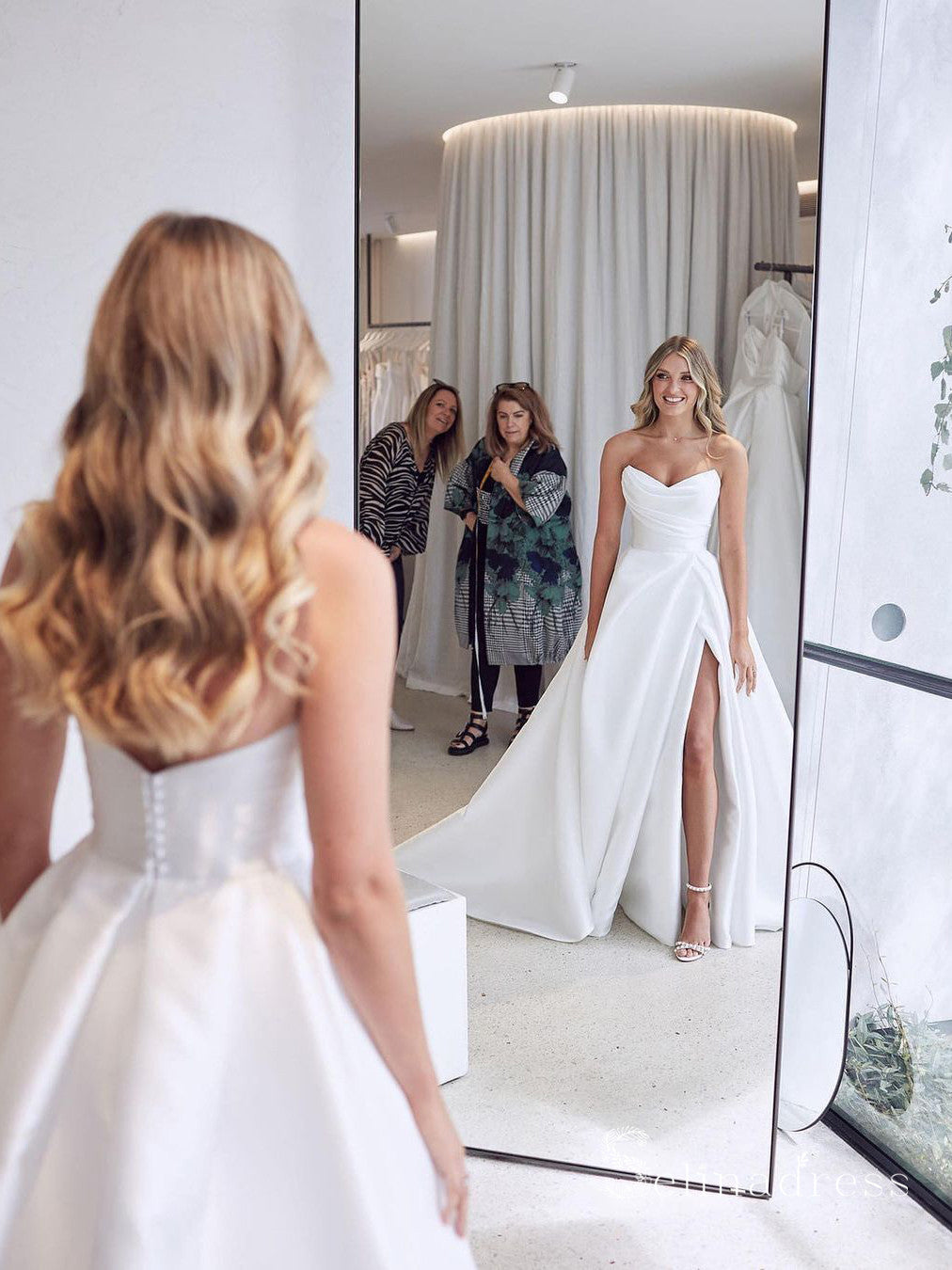 A-line Strapless Satin White Thigh Split Wedding Dresses CBD083 A-line Strapless Satin White Thigh Split Wedding Dresses CBD083