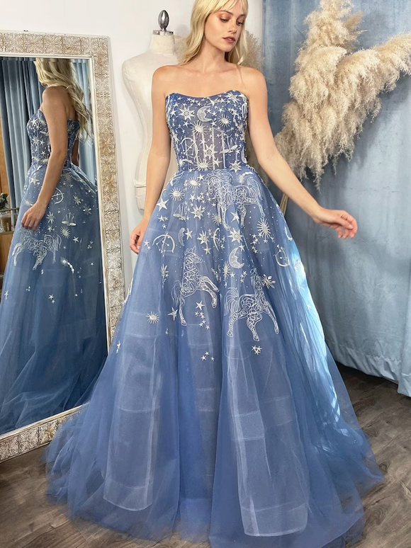 A-line Strapless Unique Blue Prom Dress Gorgeous Evening Gowns #QWE036|Selinadress
