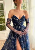 A-line Strapless Unique Dark Navy Prom Dress Gorgeous Evening Gowns #QWE037|Selinadress