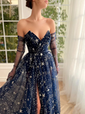 A-line Strapless Unique Dark Navy Prom Dress Gorgeous Evening Gowns #QWE037|Selinadress