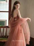 A-line Strapless Unique Long Prom Dress Dusty Pink Prom Dresses Beaded Formal Dress With Sleeve Party Dress OCN010|Selinadress