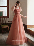 A-line Strapless Unique Long Prom Dress Dusty Pink Prom Dresses Beaded Formal Dress With Sleeve Party Dress OCN010|Selinadress
