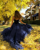 A-line Strapless V neck Prom Dress Elegant Dark Navy Evening Dress Party Dress #JKP016|Selinadress