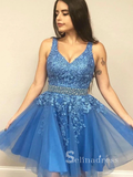A-line Straps Blue Applique Short Prom Dress Cheap Homecoming Dresses #MHL125|Selinadress
