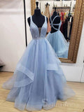 A-line Straps Blue  Lace Prom Dress Gatsby Long Evening Dresses #SED171