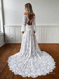 A-line Straps Boho V neck Lace Wedding Dresses Long Sleeve Wedding CBD485|Selinadress
