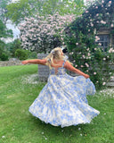 A-line Straps Bow Tie Gorgeous Blue Flower Prom Dress Party Dress #JKW006|Selinadress