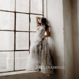 A-line Straps Bow Tie Gorgeous Blue Flower Prom Dress Party Dress #JKW006|Selinadress