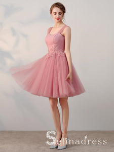 A-line Straps Cheap Pink Short Prom Dress Simple Lace Homecoming Dress HML012|Selinadress