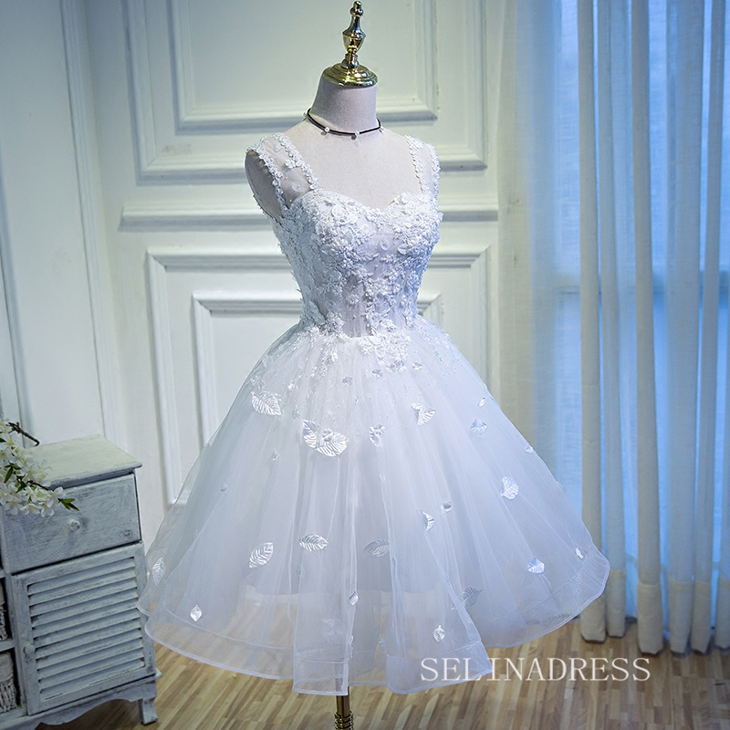 A-line Straps Cute Homecoming Dress White Lace Short Prom Dresses EDS0 – SELINADRESS
