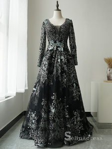 A-line Straps Long Sleeve Black Embroidery Long Prom Dress Luxury Evening Gowns ASB024