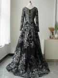 A-line Straps Long Sleeve Black Embroidery Long Prom Dress Luxury Evening Gowns ASB024