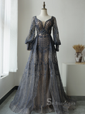 A-line Straps Long Sleeve Elegant Long Prom Dress luxurious Dubai Evening Gowns ASB007|Selinadress