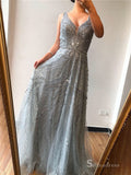 A-line Straps Long Sparkly Glitter Luxury Prom Dress Evening Formal Gown SC037
