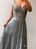 A-line Straps Long Sparkly Glitter Luxury Prom Dress Evening Formal Gown SC037