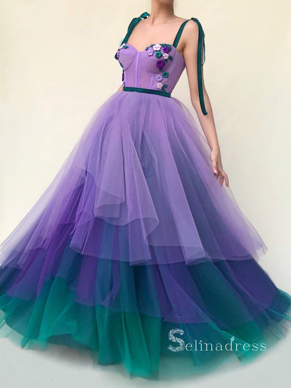 A-line Straps Ombre Long Prom Dress With Flower Tulle Evening Dresses HLK002|Selinadress