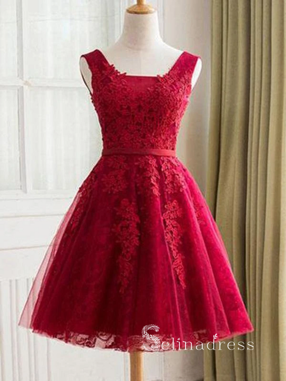 A-line Straps Red Lace Short Prom Dress Vintage Homecoming Dresses #MHL123|Selinadress