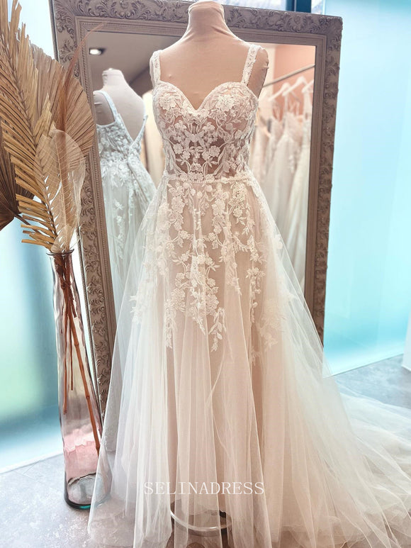 A-line Straps Romantic Lace Country Wedding Dresses LOP610|Selinadress