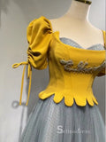 A-line Straps Short Sleeve Long Formal Dress Yellow Princess Prom Dresses GKF030|Selinadress