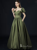 A-line Straps Short Sleeve Long Prom Dress With Pocket Satin Evening Dresses GKF021|Selinadress