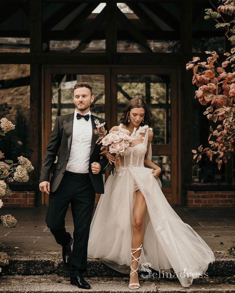 A-line Straps Sweetheart Rustic Wedding Dress Thigh Split Wedding Gown SELINADRESS A-line Straps Sweetheart Rustic Wedding Dress Thigh Split Wedding Gown SELINADRESS