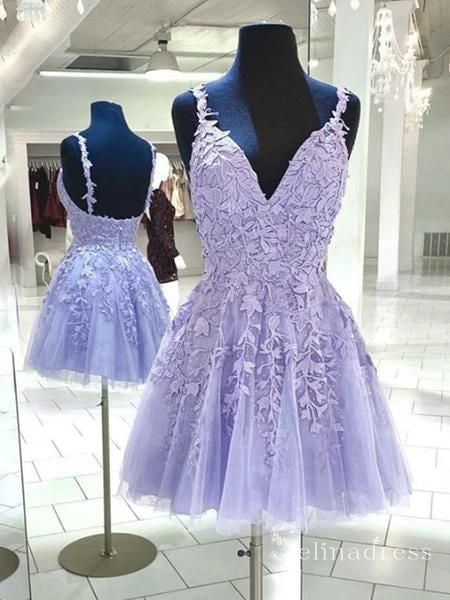 A-line Straps V neck Lavender Applique Short Prom Dress Homecoming Dresses #MHL117|Selinadress