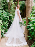 A-line Straps White Wedding Dresses Cap Sleeve Lace Wedding Gowns CBD366